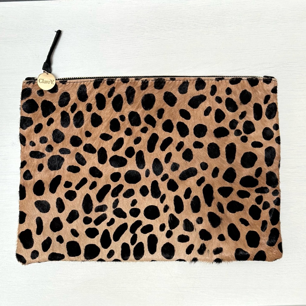 Clare V Leopard Print Pouch with Gold Accent